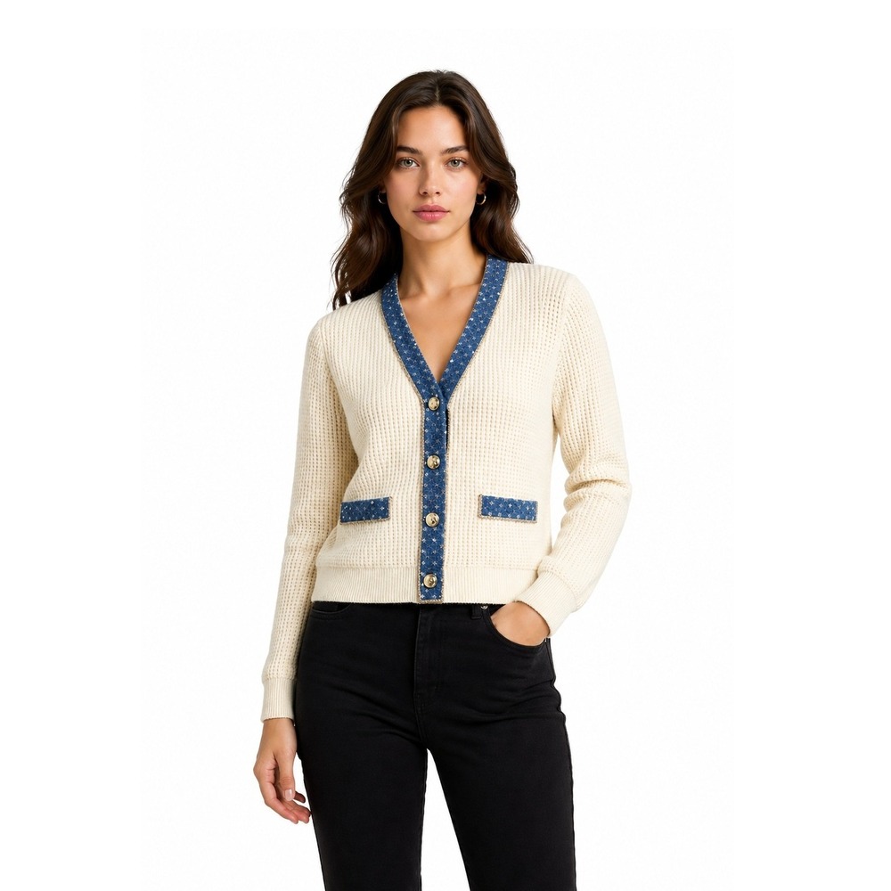 Nanette Lepore Cardigan Sweater Women's Size Medium Cream Sequin Trim Jean Knit